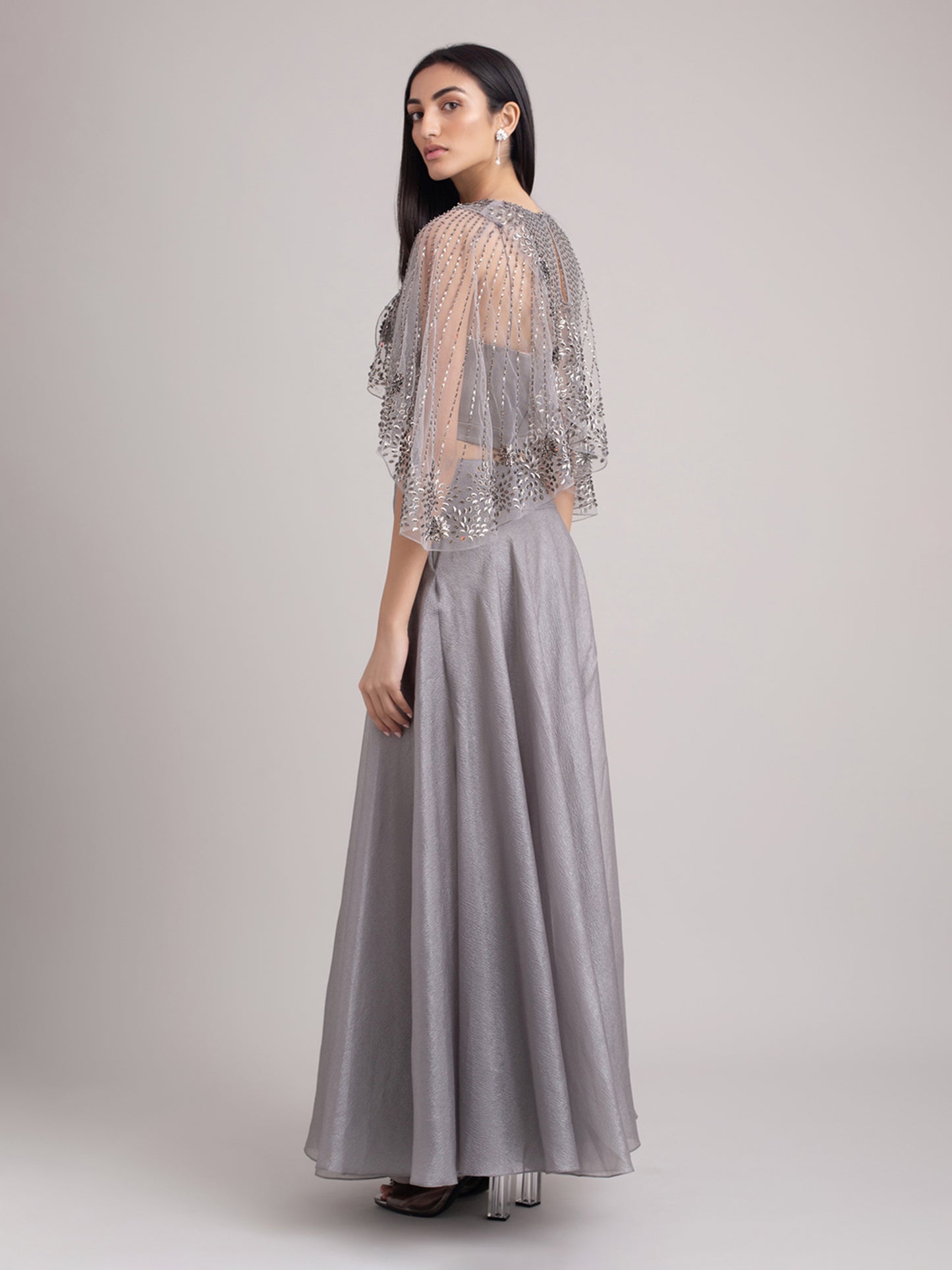 Metallic Embroidered Cape With Skirt Set