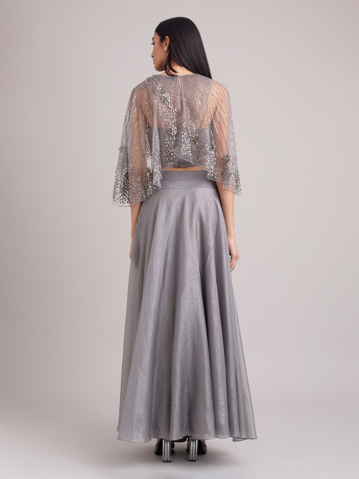 Metallic Embroidered Cape With Skirt Set