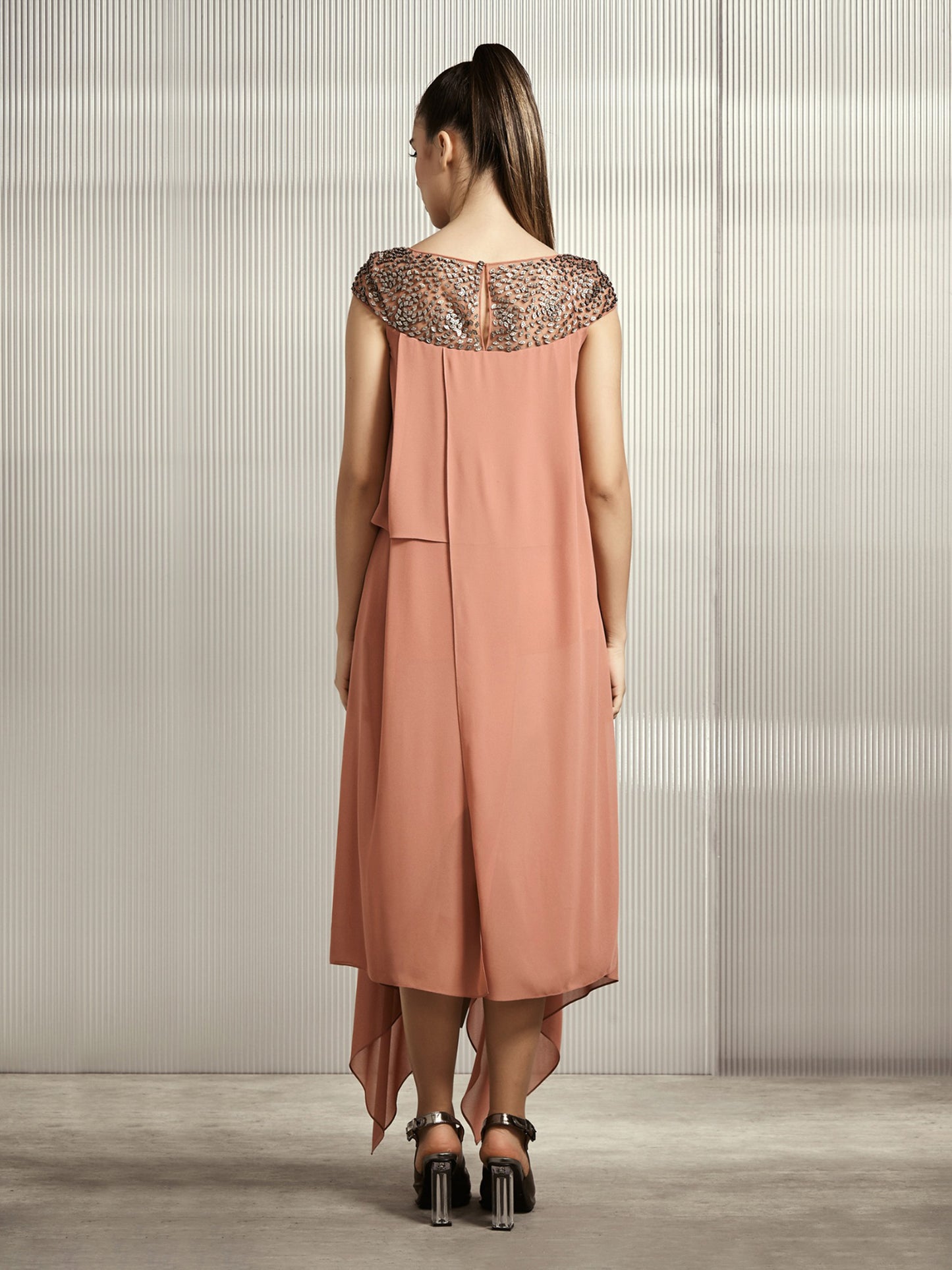 Assymmetric Floor Length Top With Stack Embroidered Yoke