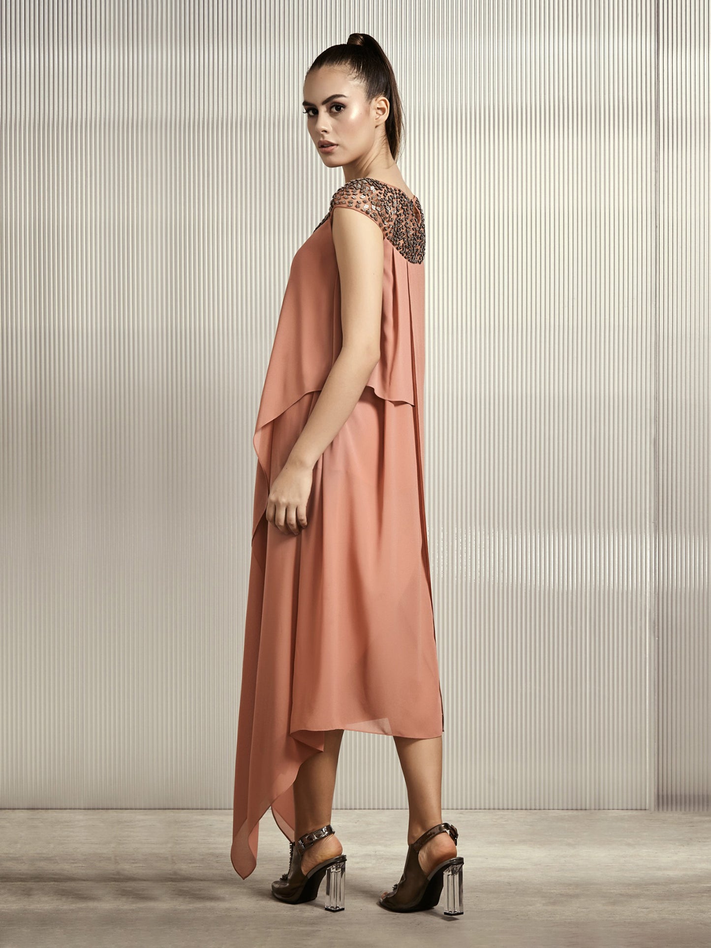 Assymmetric Floor Length Top With Stack Embroidered Yoke