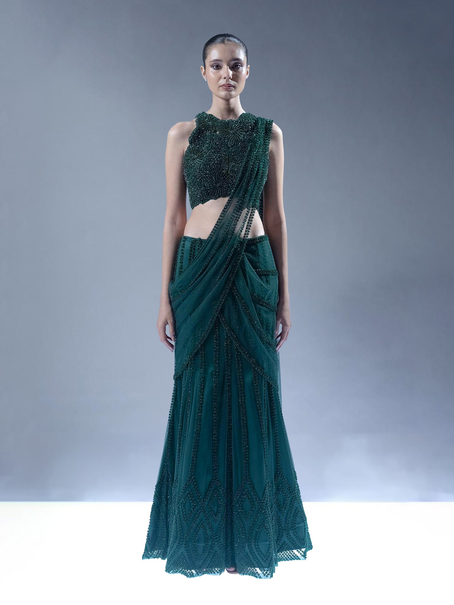 Embellished Pre-Draped Saree Set