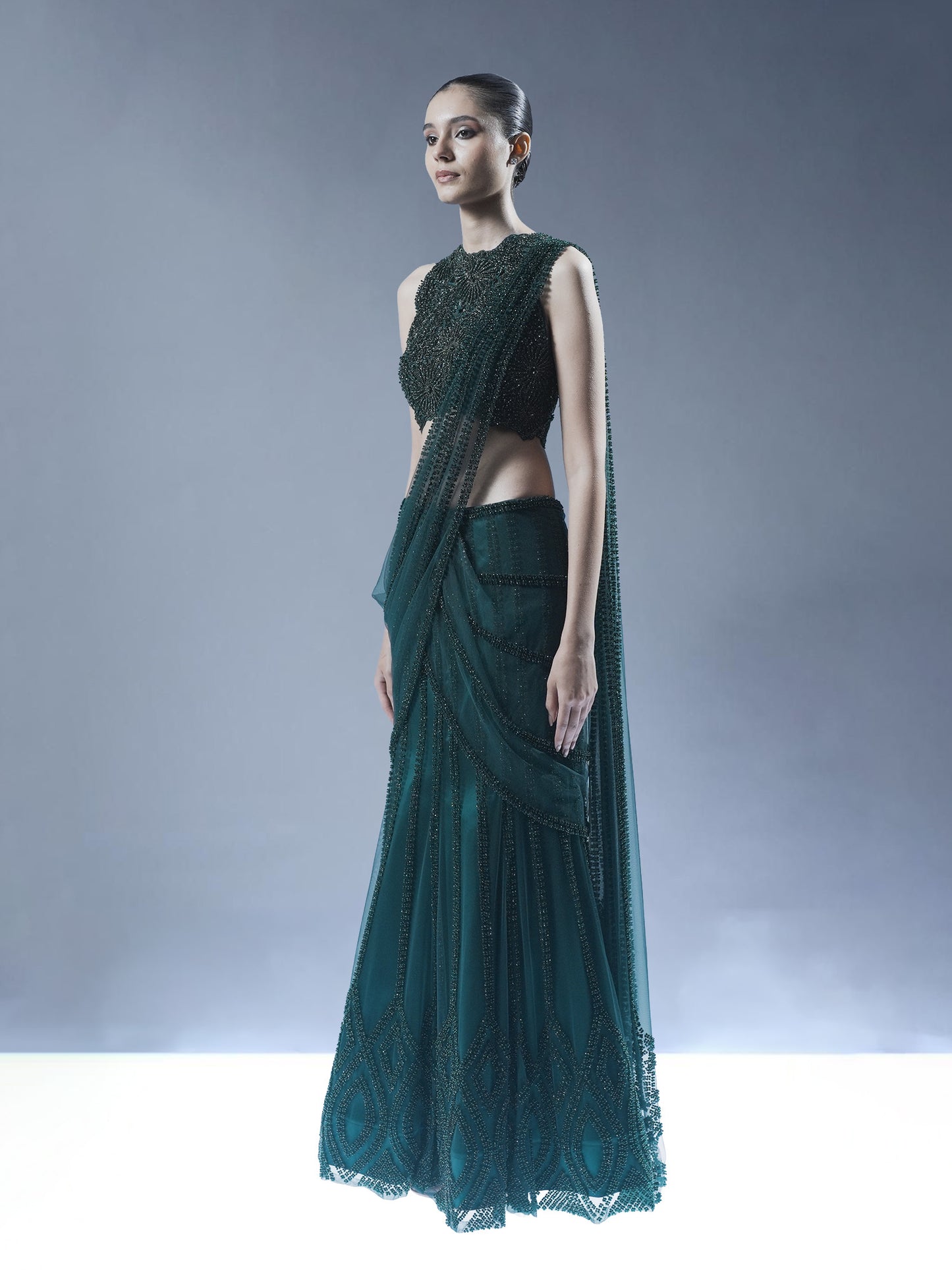 Embellished Pre-Draped Saree Set