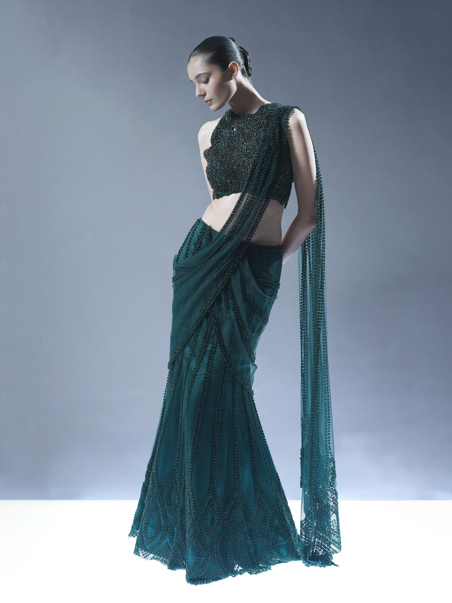 Embellished Pre-Draped Saree Set