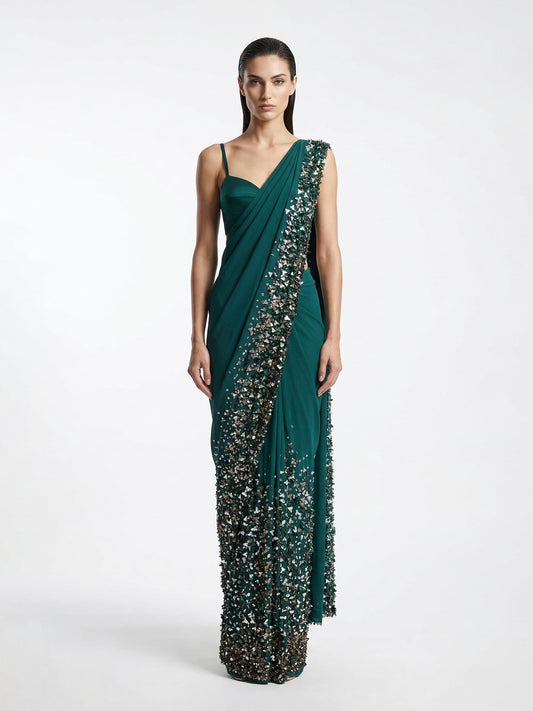 Emerald Cascade Embellished Saree