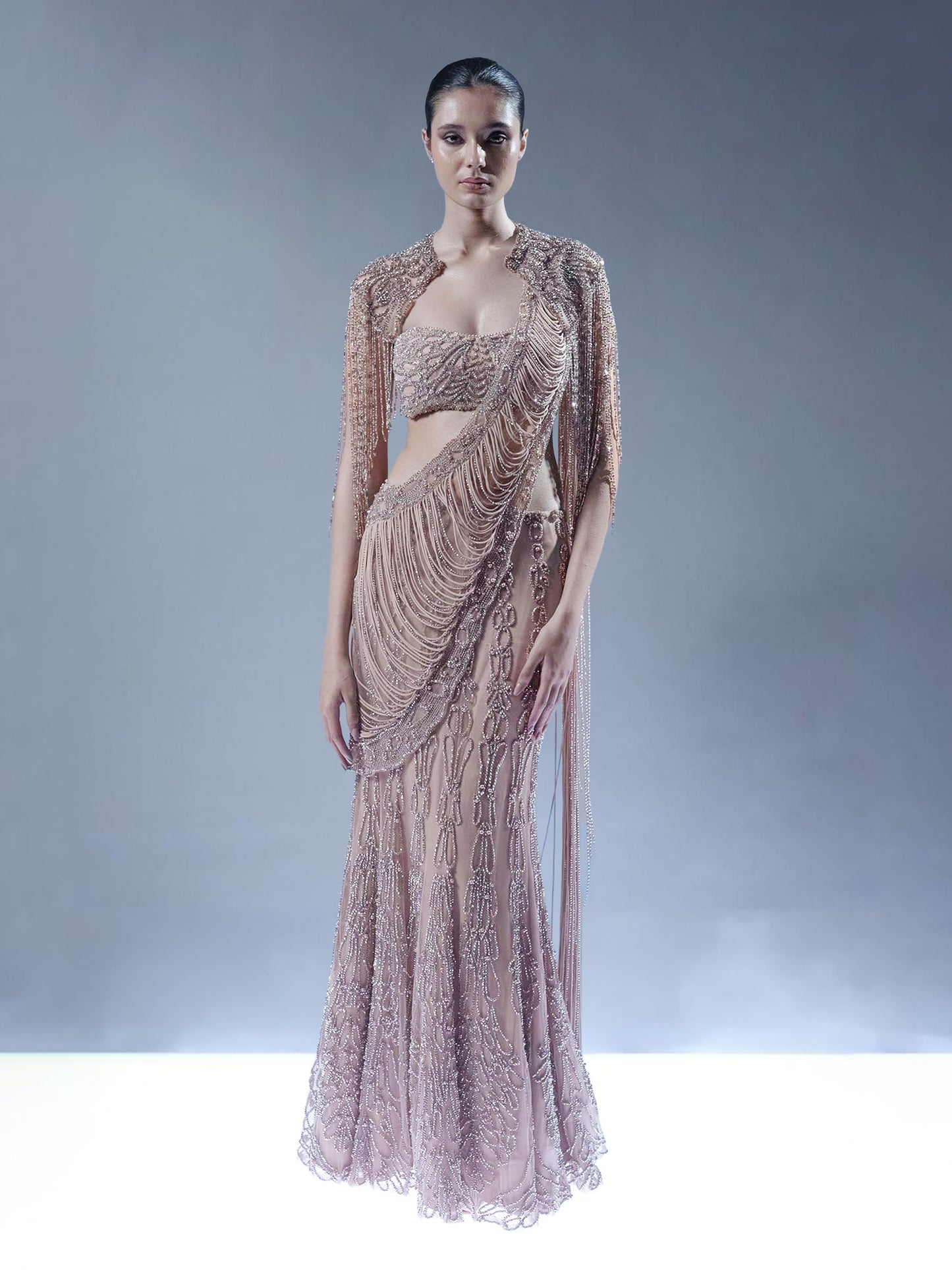 Blush Rose Embellished Drape Saree with Cape