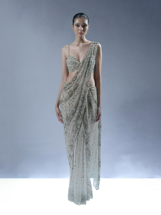 Ecru Crystal Embellished Pre-Draped Saree
