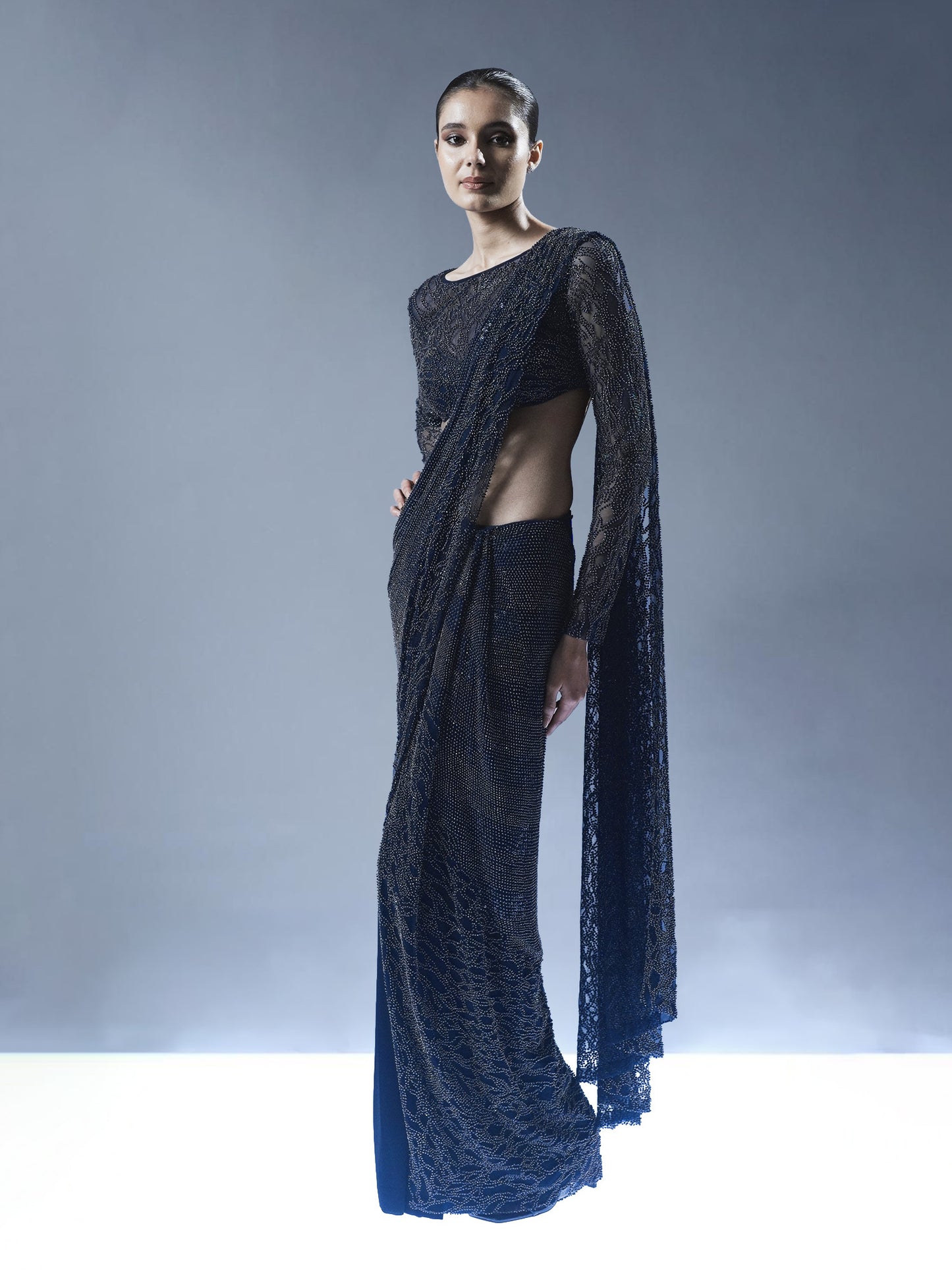 Midnight Blue Embellished Drape Saree
