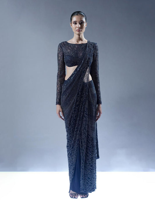 Midnight Blue Embellished Drape Saree