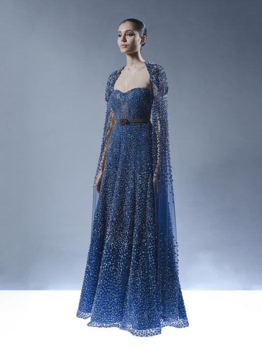 Royal Sapphire Embellished Gown with Cape