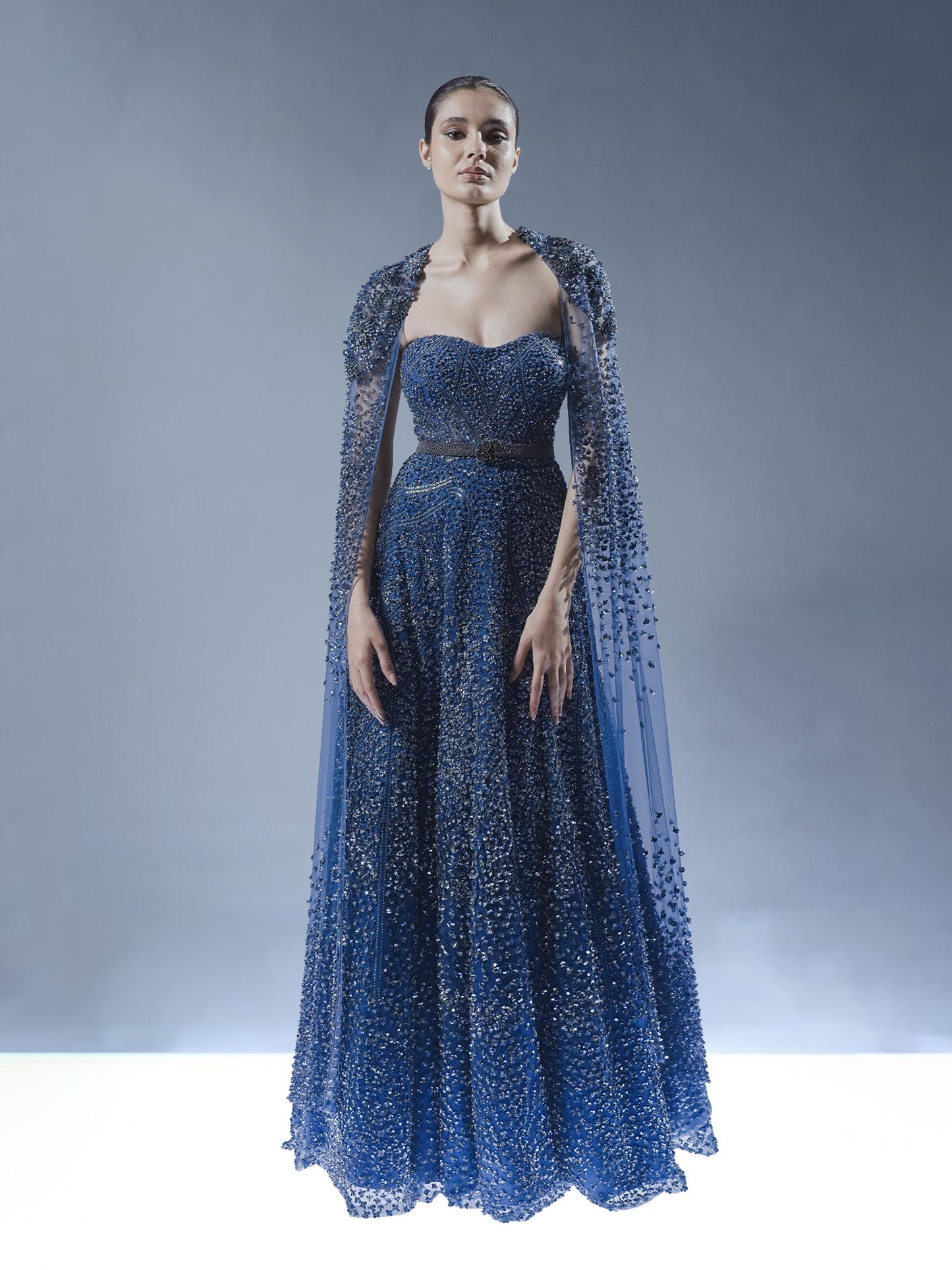 Royal Sapphire Embellished Gown with Cape