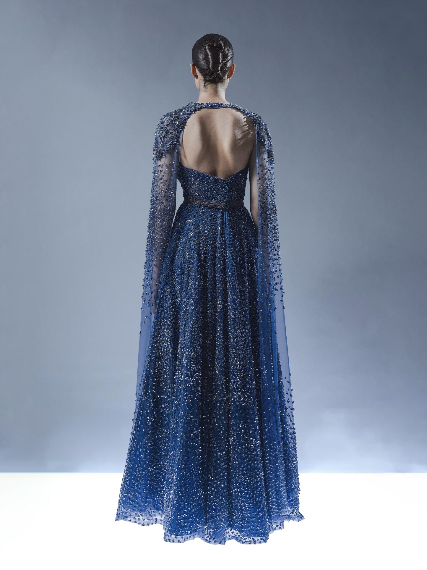 Royal Sapphire Embellished Gown with Cape