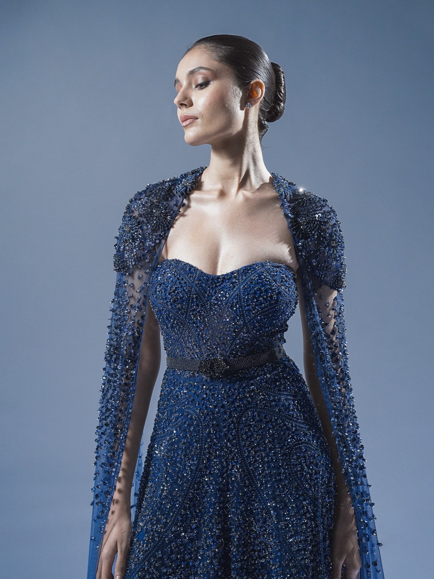 Royal Sapphire Embellished Gown with Cape