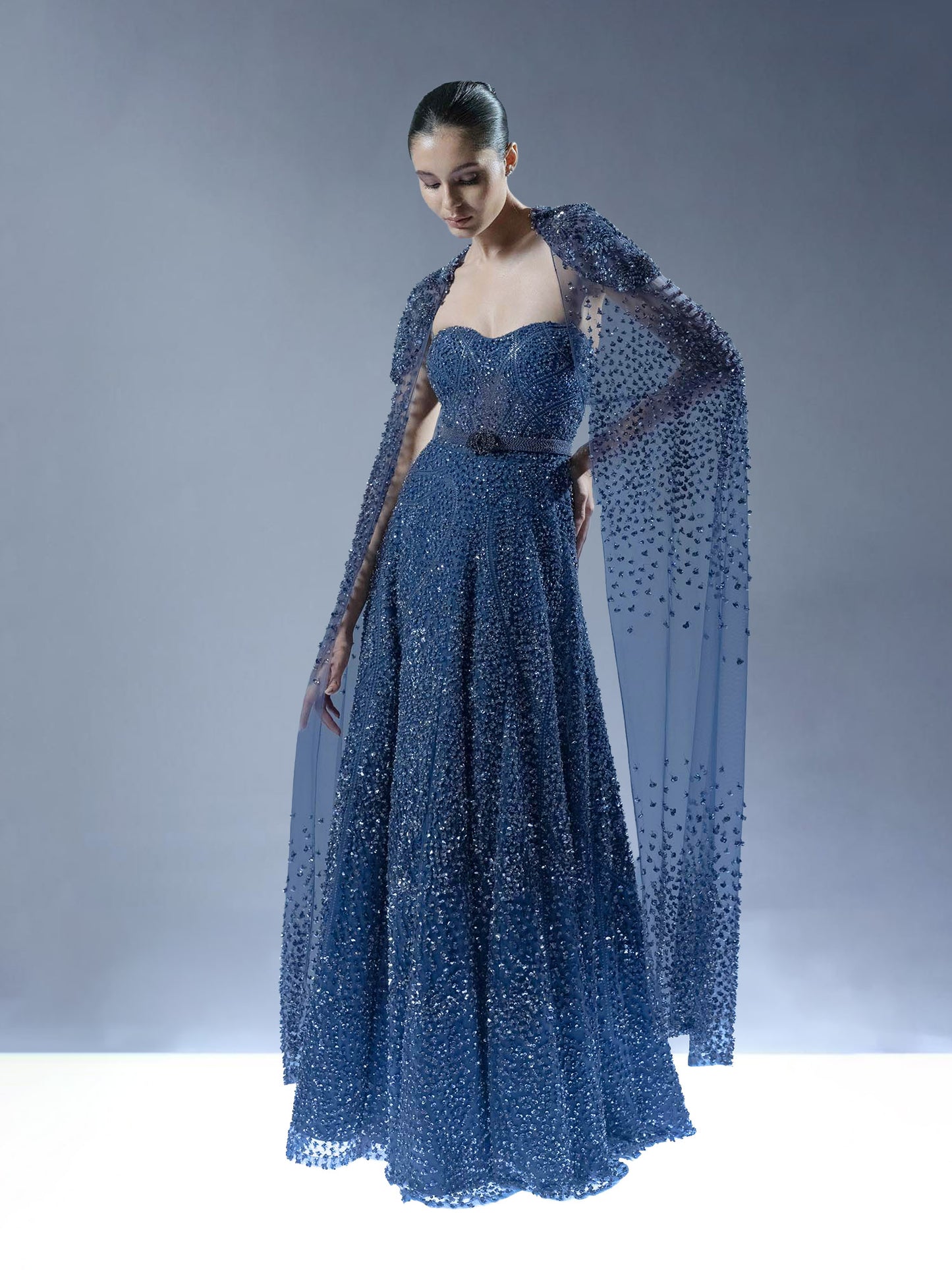 Royal Sapphire Embellished Gown with Cape