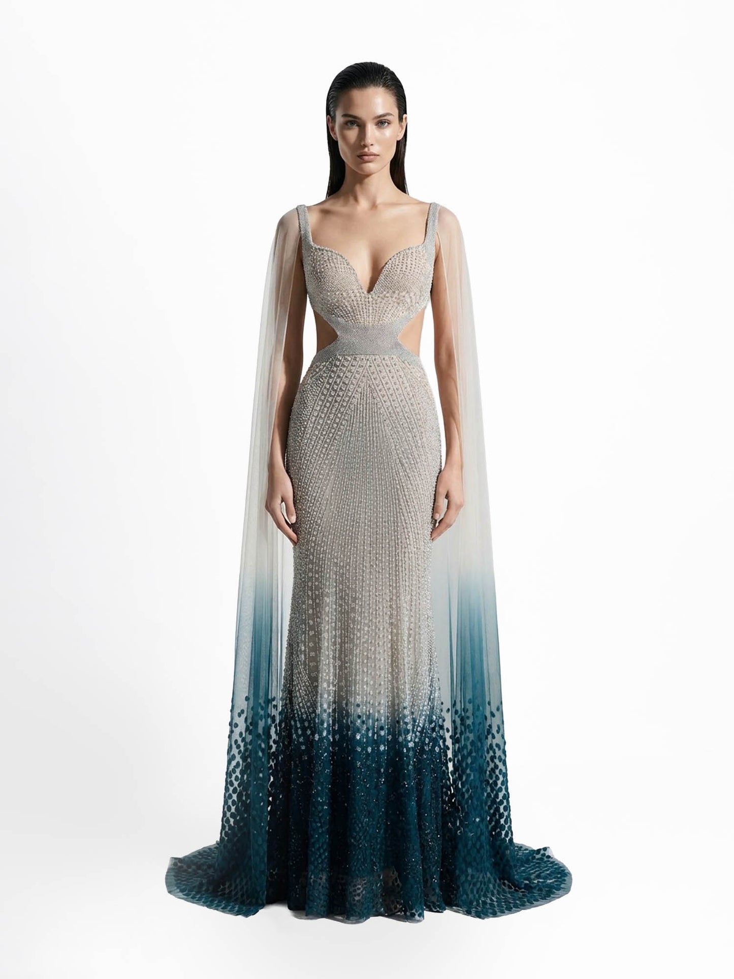 Ethereal Cascade Cape Gown