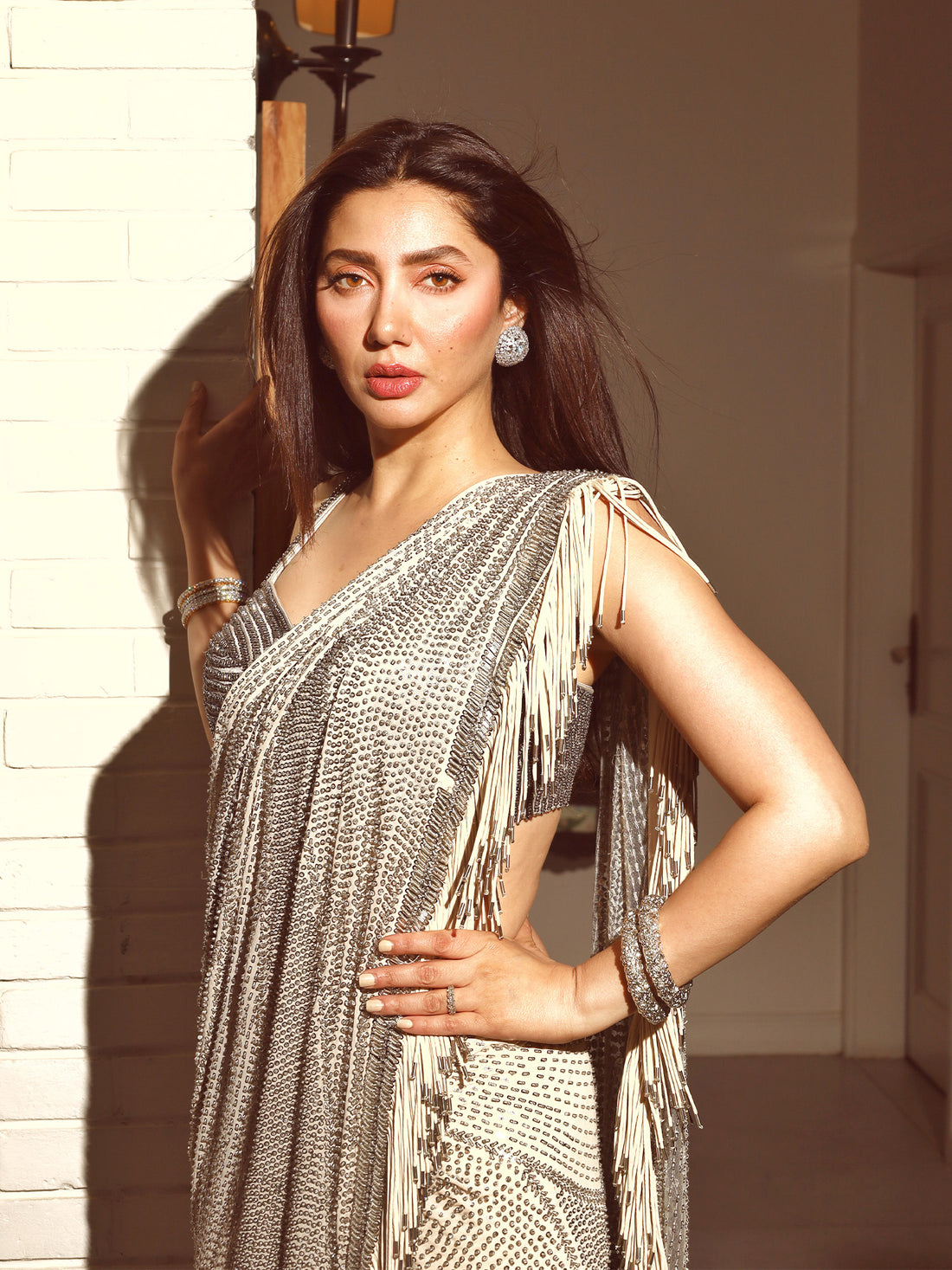 Mahira Khan • In Draped Saree With Metallic Fringes