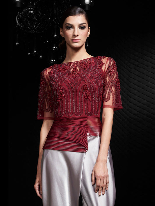 Maroon Embroidered Peplum Top