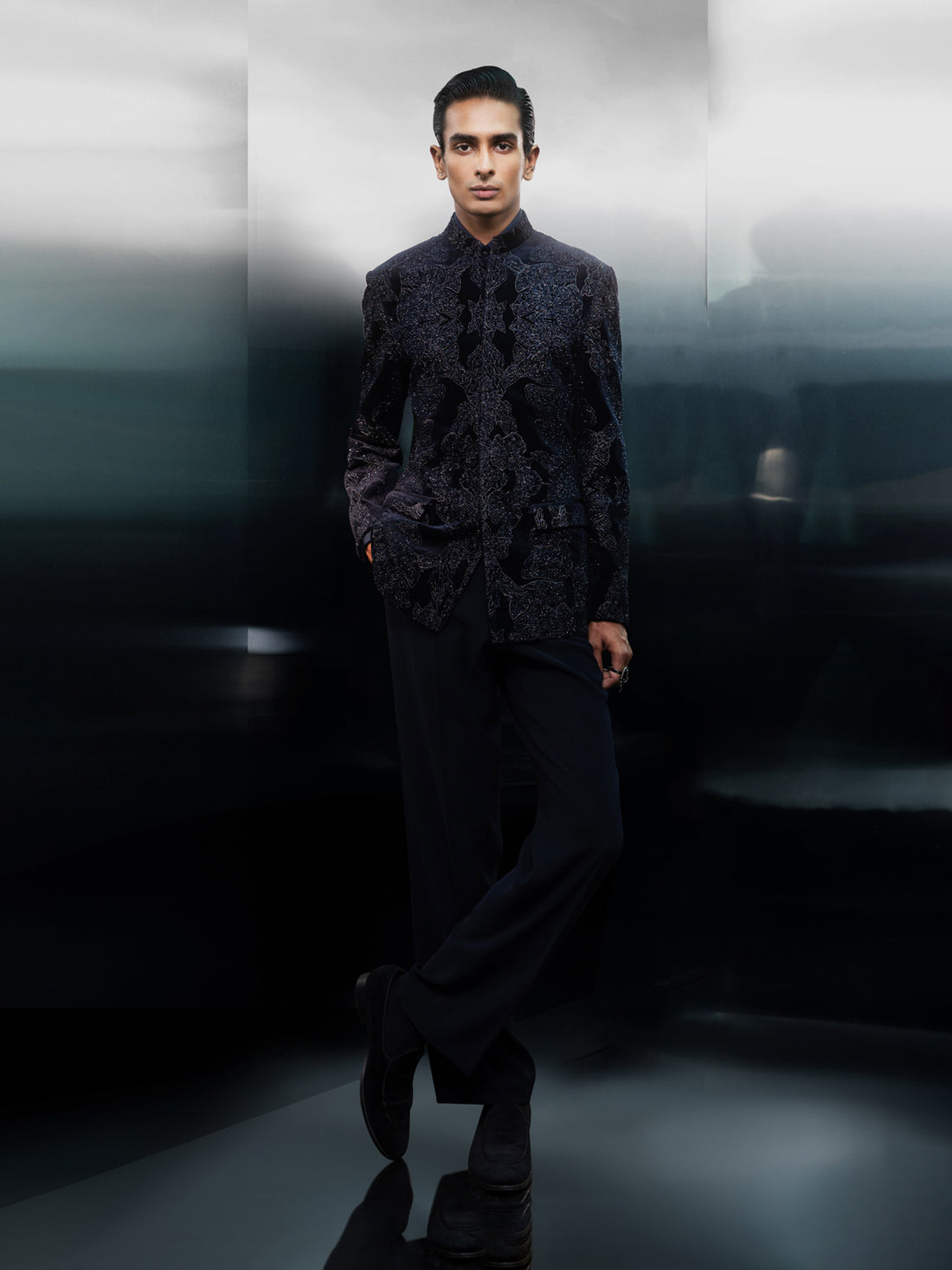 Starlit Noir Embroidered Mandarin Bandhgala