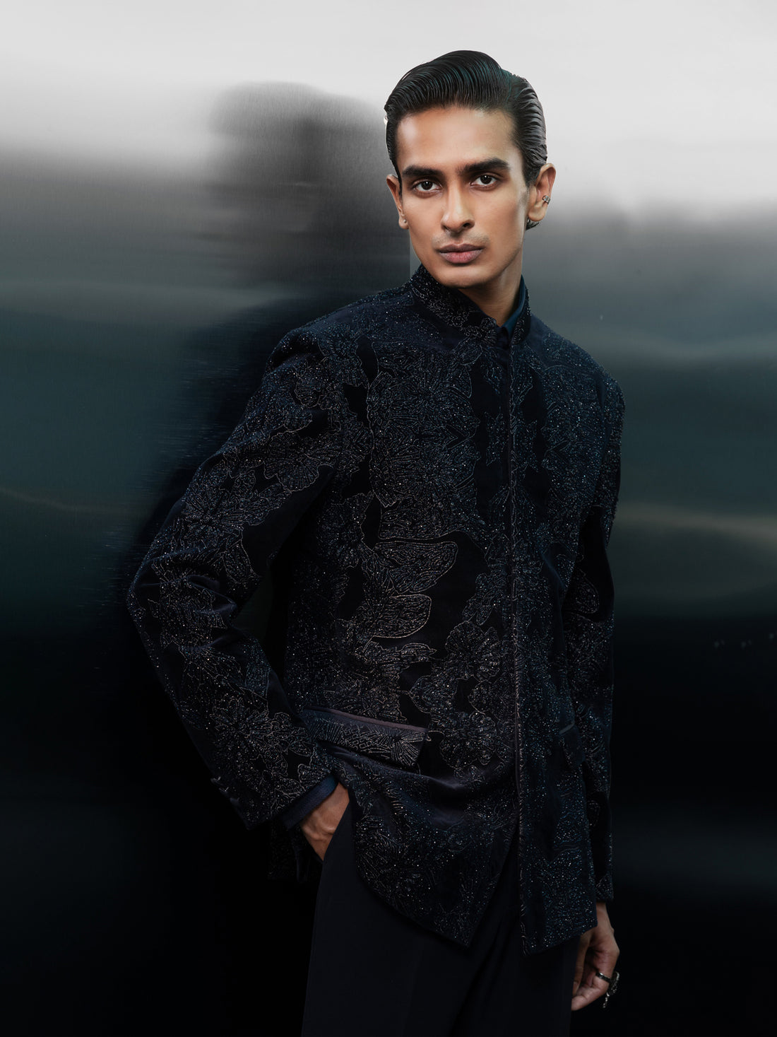 Starlit Noir Embroidered Mandarin Bandhgala