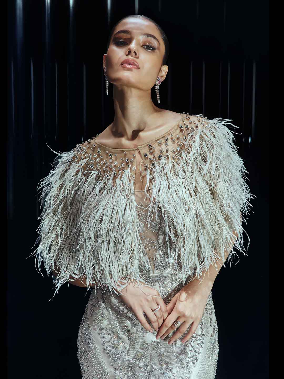 Moonlit Feathered Gown Set