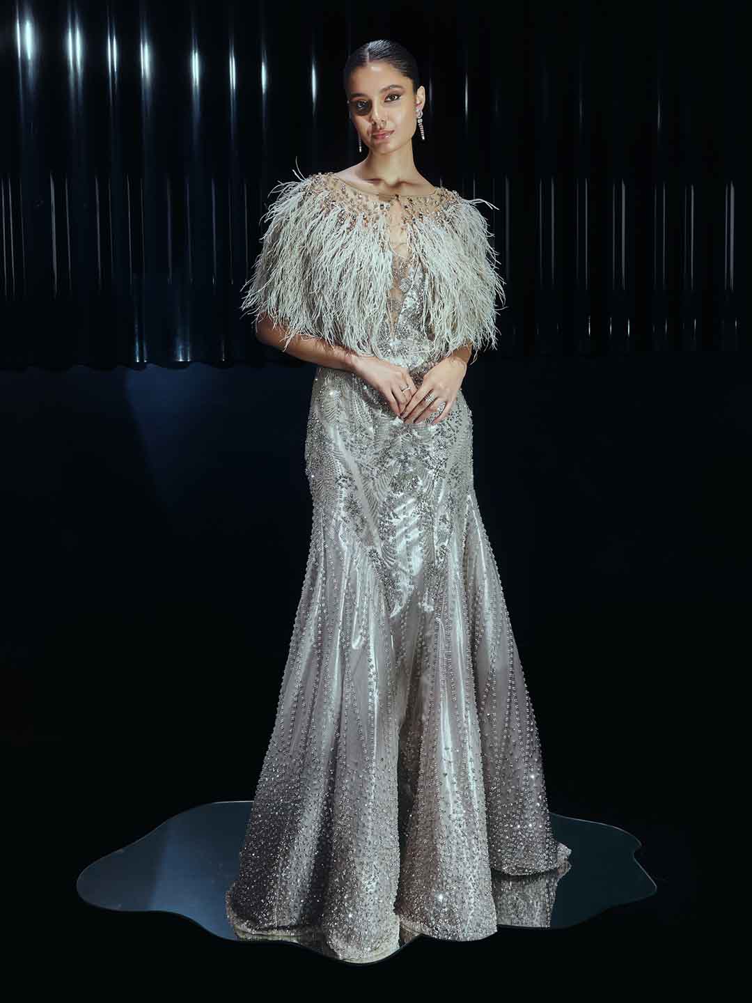 Moonlit Feathered Gown Set