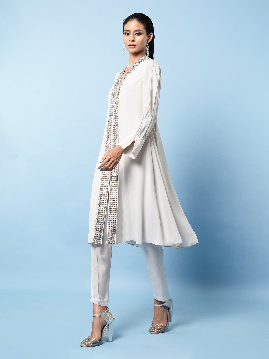 Metallic Embroidered Flared Kurta Set