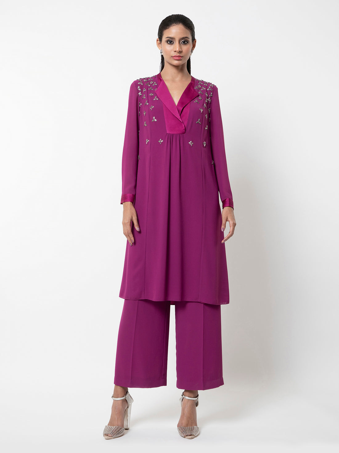 Flared Kurta Set with Satin Yoke