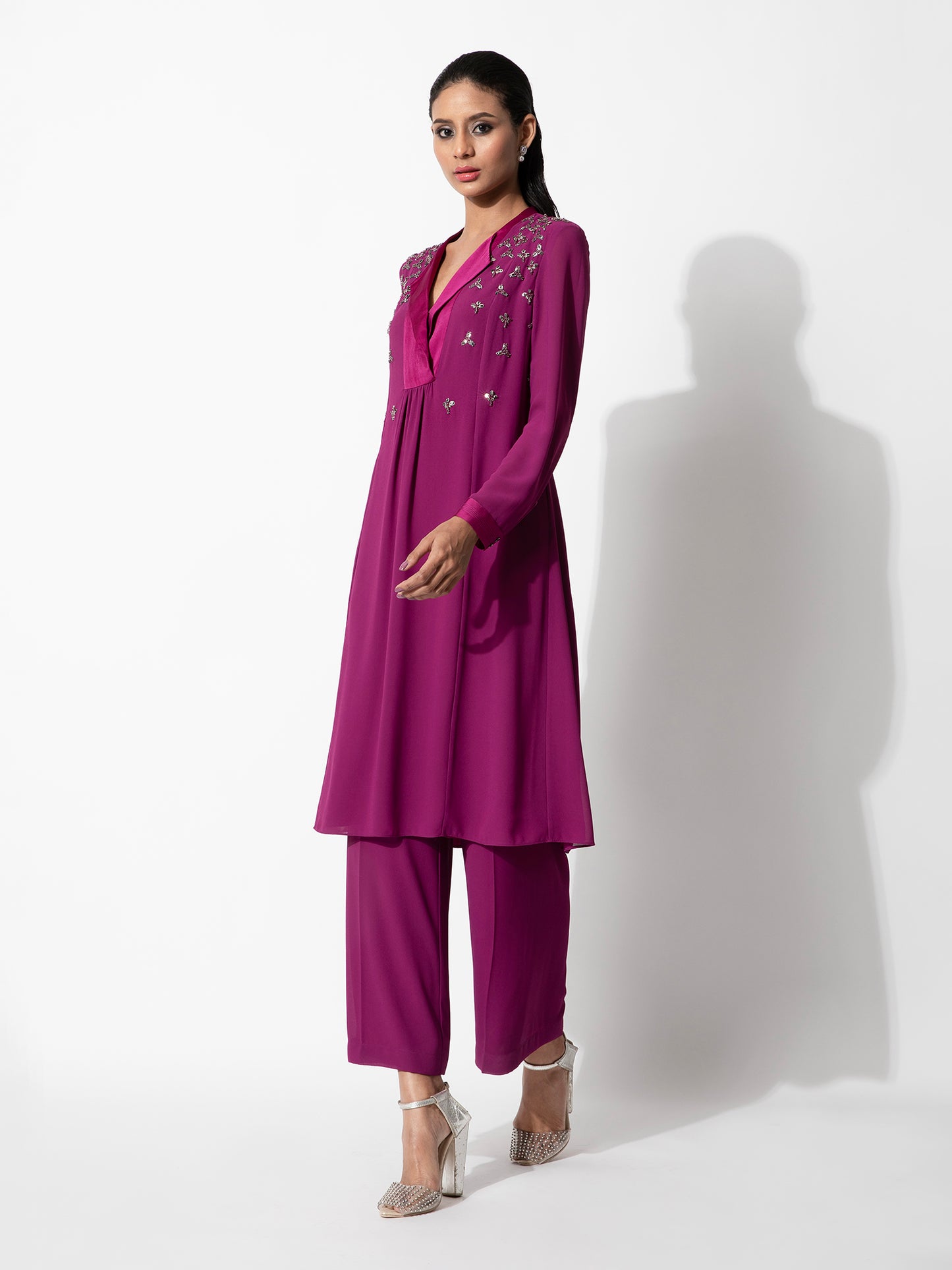 Flared Kurta Set with Satin Yoke