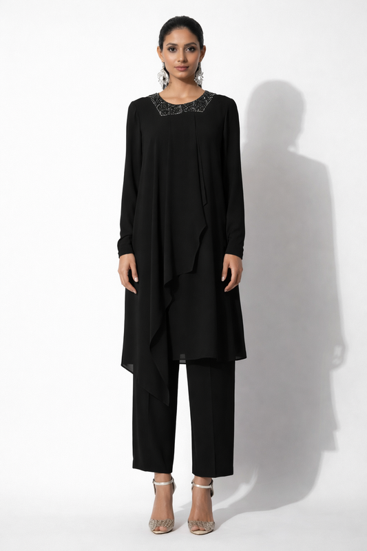 Black Paneled Kurta Set