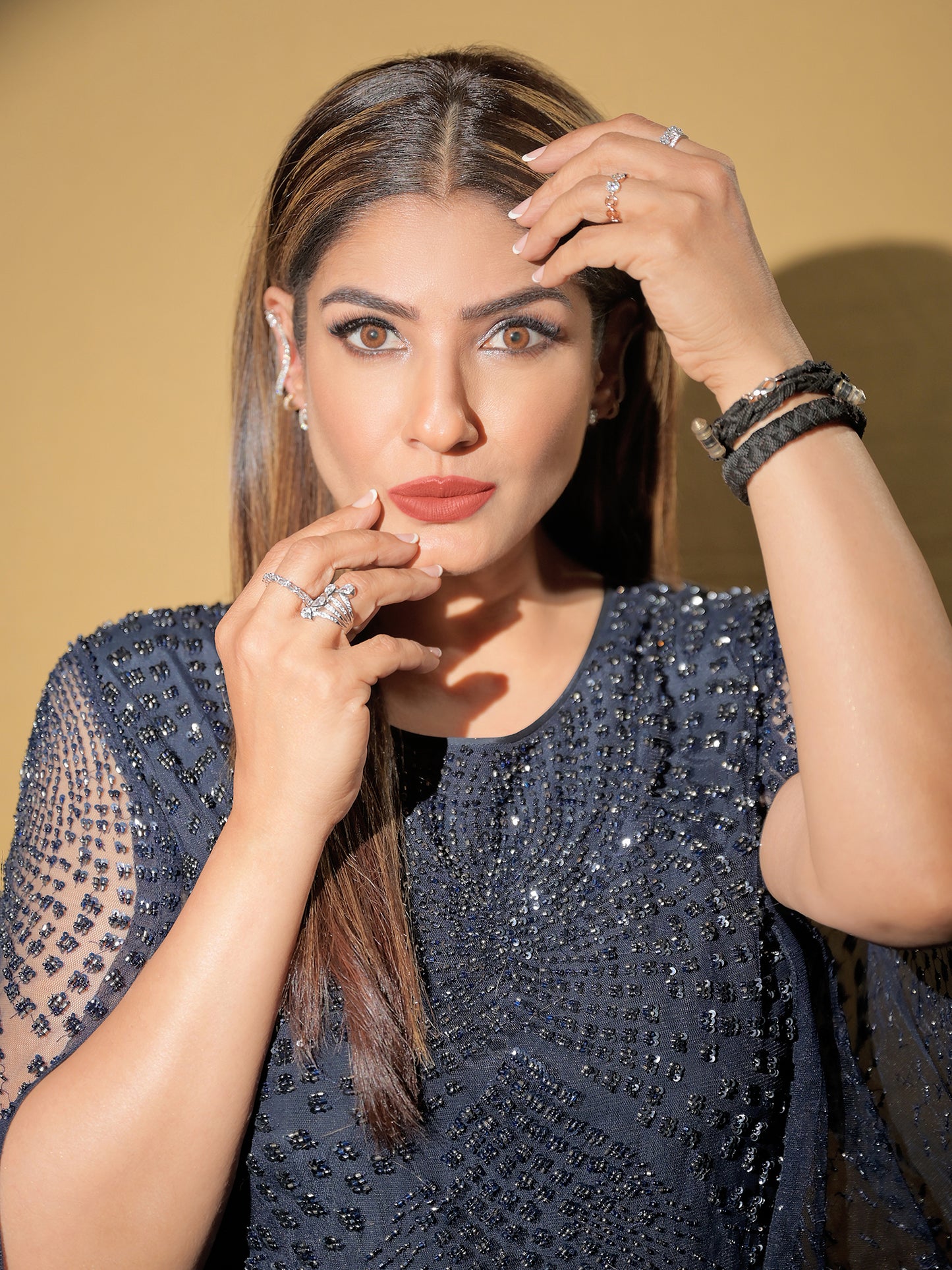 Raveena Tandon In Sequin Round Neck Mini Dress