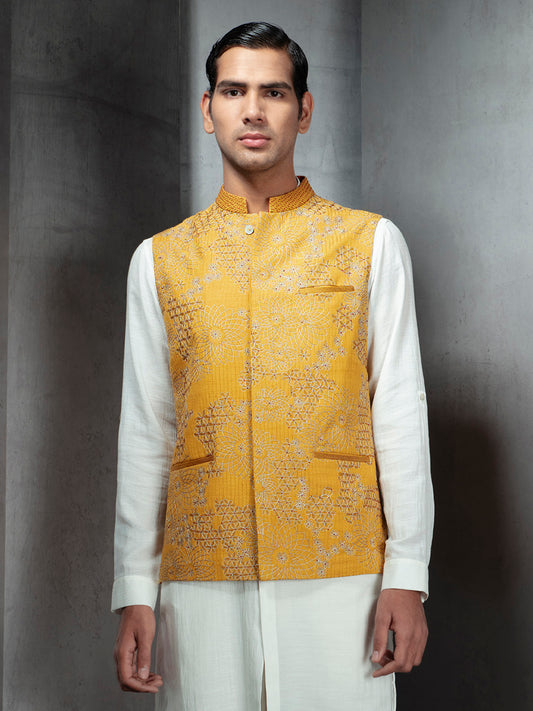 Mustard Broken Mosaic Embroidery Bundi