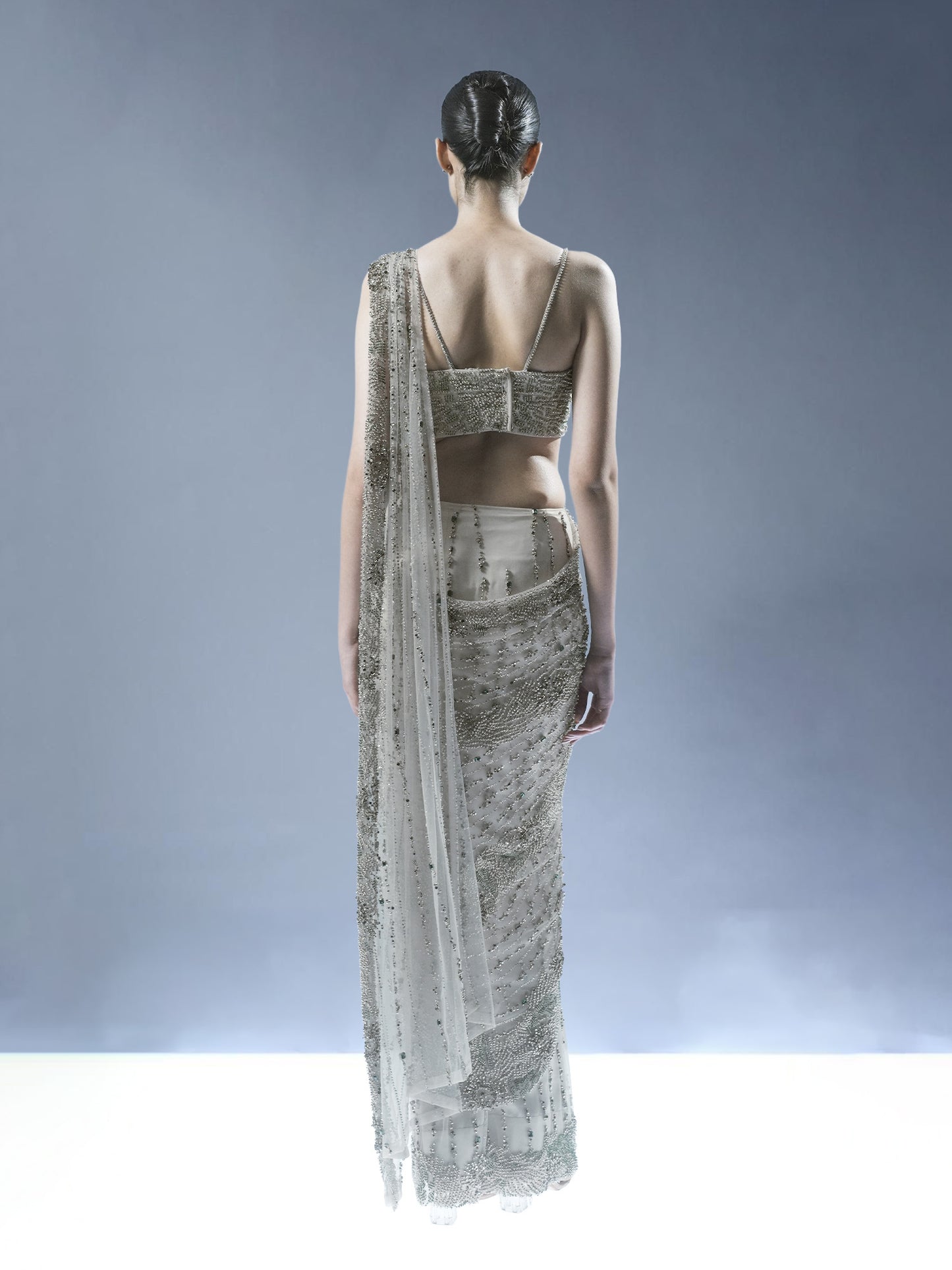 Ecru Crystal Embellished Pre-Draped Saree