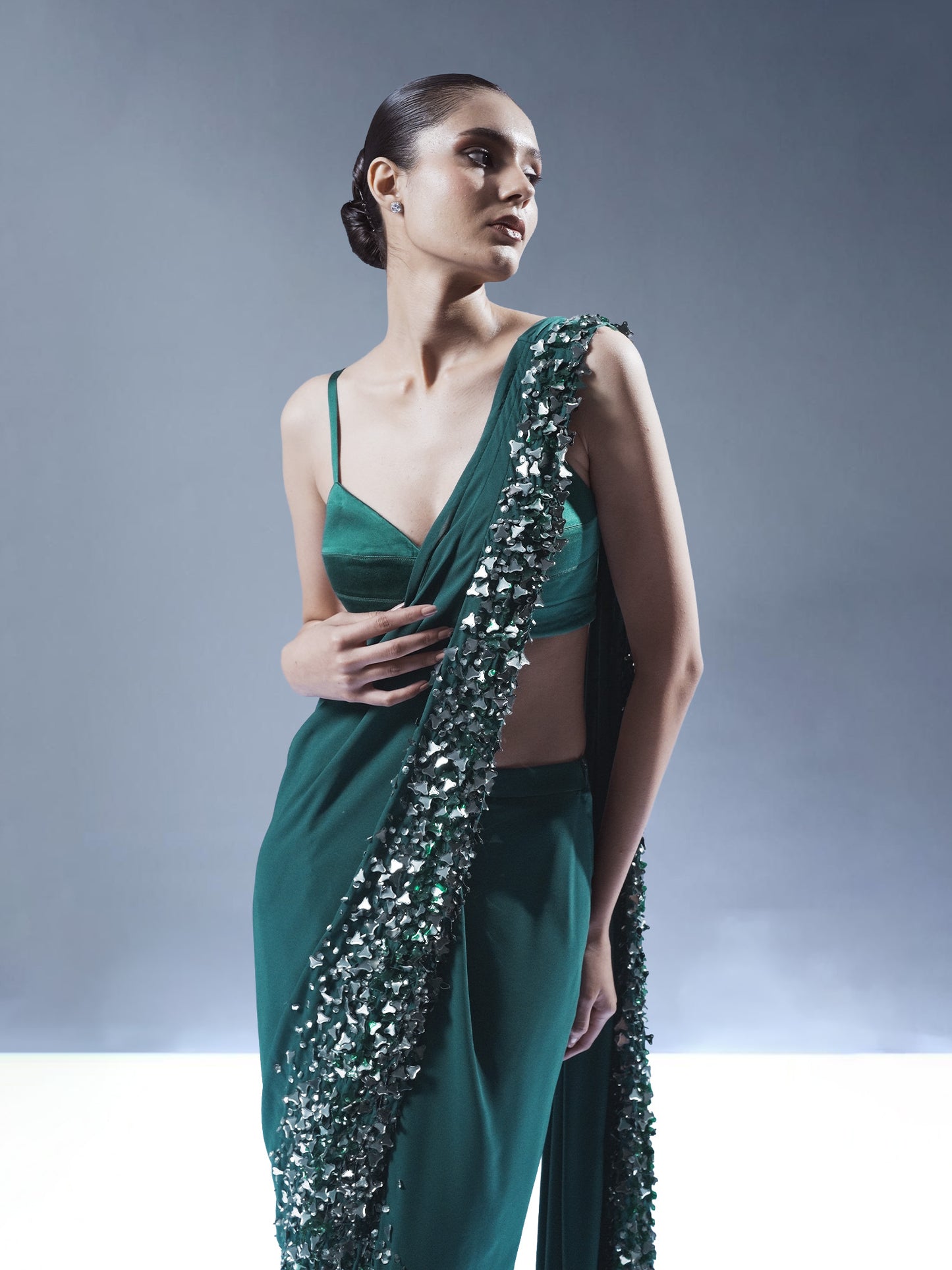 Emerald Cascade Embellished Saree