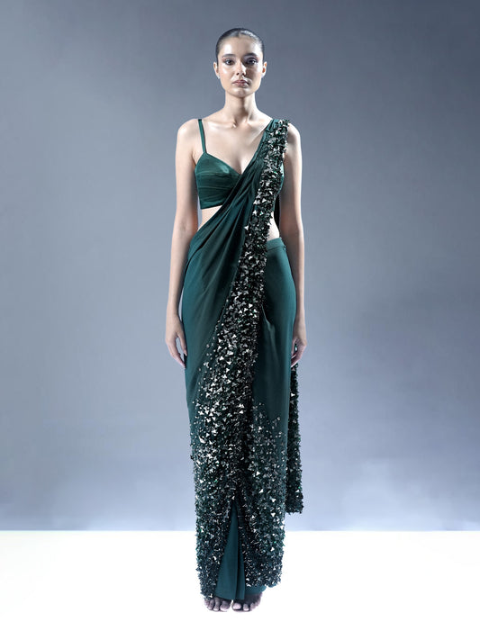 Emerald Cascade Embellished Saree