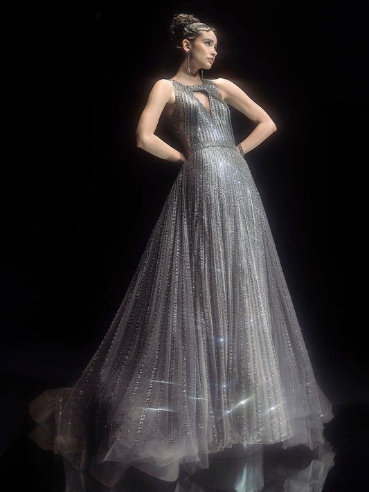 Fully Embellished crystals And Metallic Stripes Gown