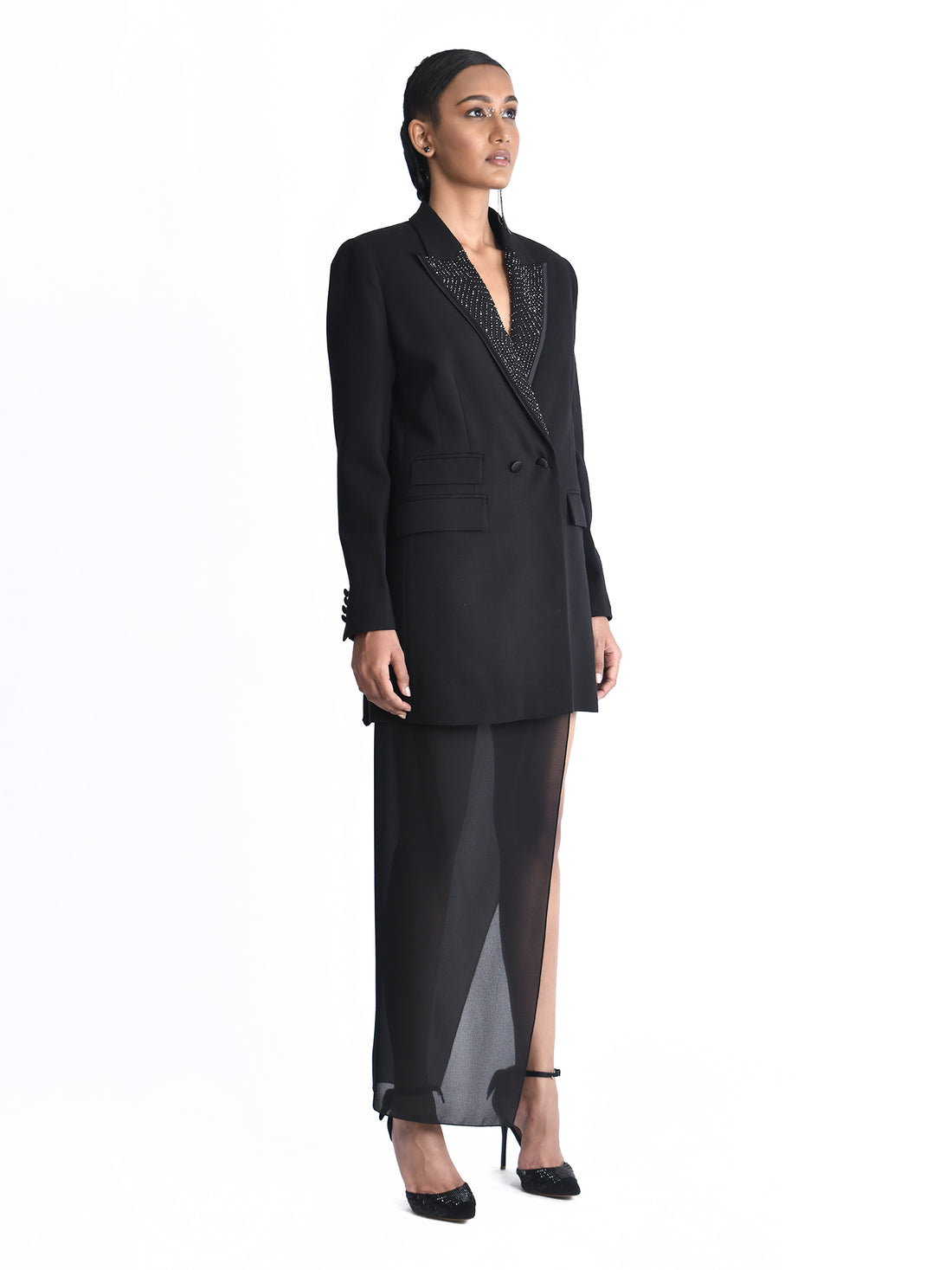 Double Breasted Jacket with Embroidered Lapel