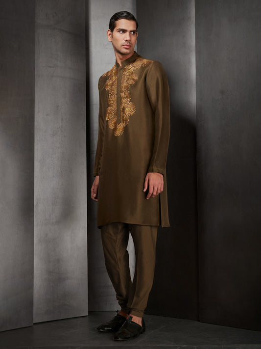 Olive Silk Kurta Set With Hand Done Silk Thread Embroidery