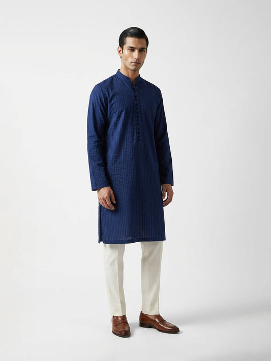 Geometric Textured Band Collar Kurta