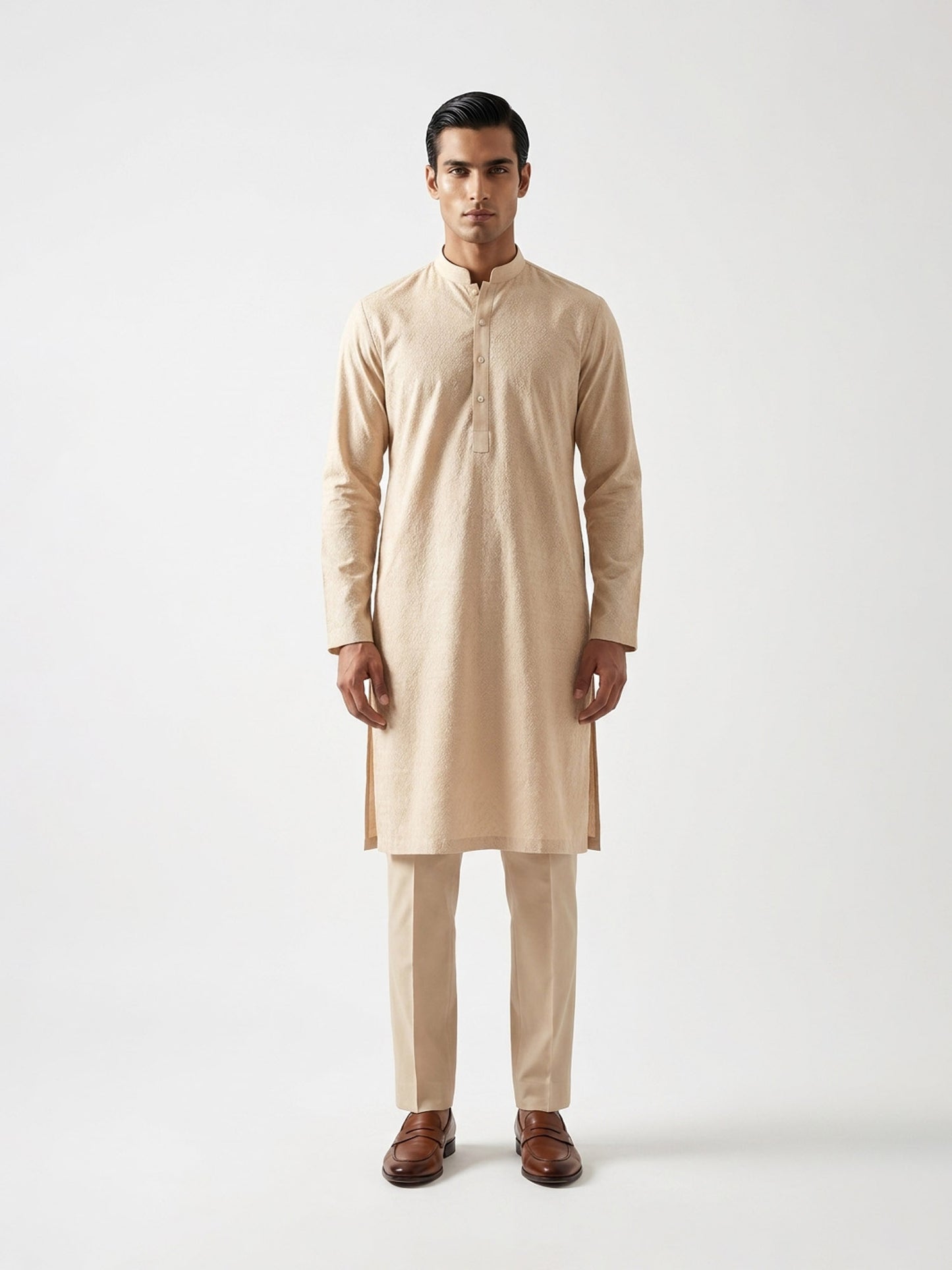 Textured Band Collar Kurta