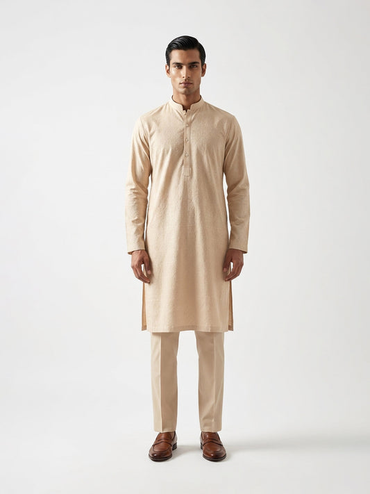 Textured Band Collar Kurta