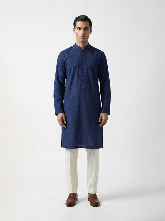 Geometric Textured Band Collar Kurta