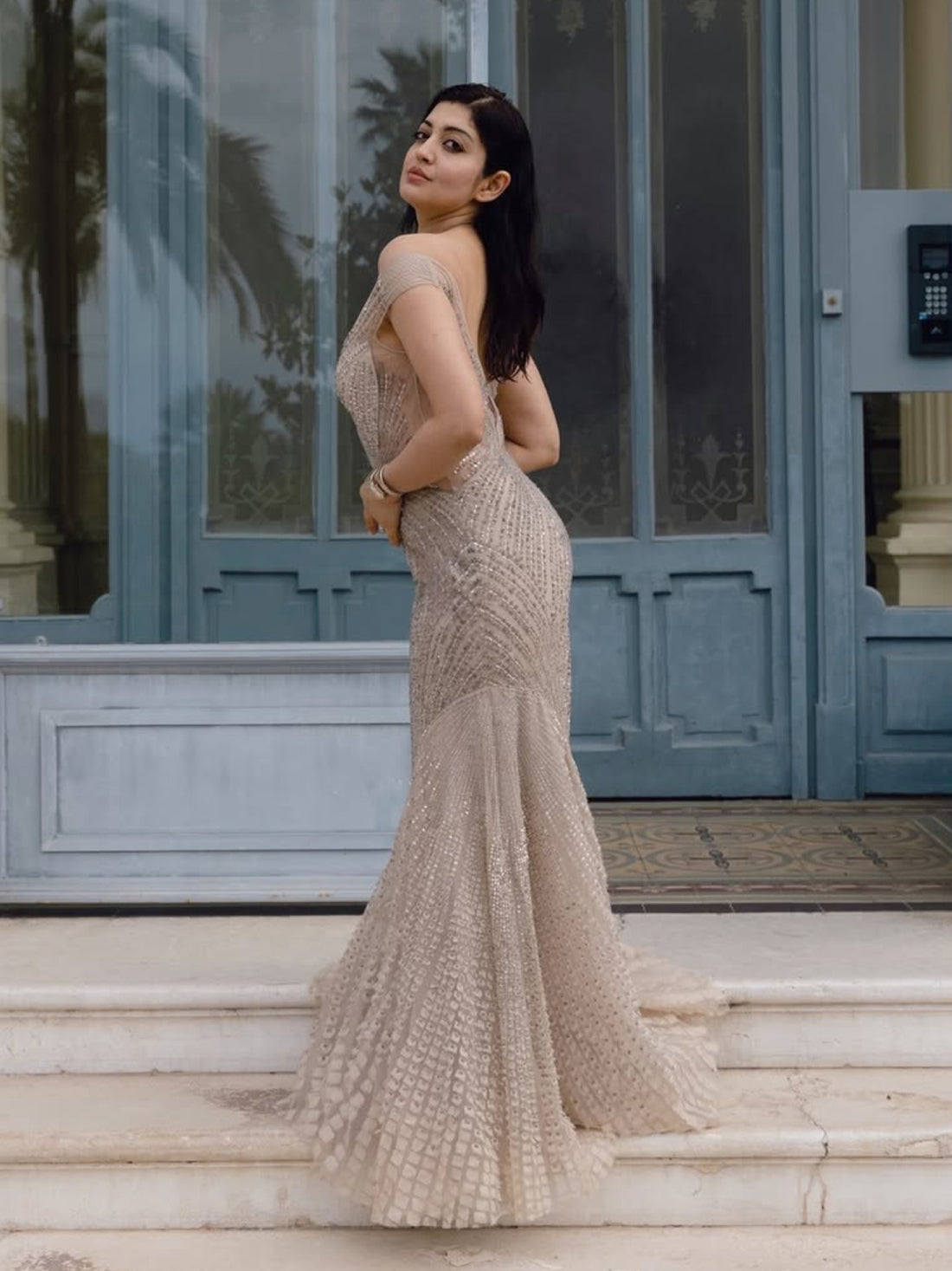 Pranitha Subhash • in Starburst Off-shoulder Gown