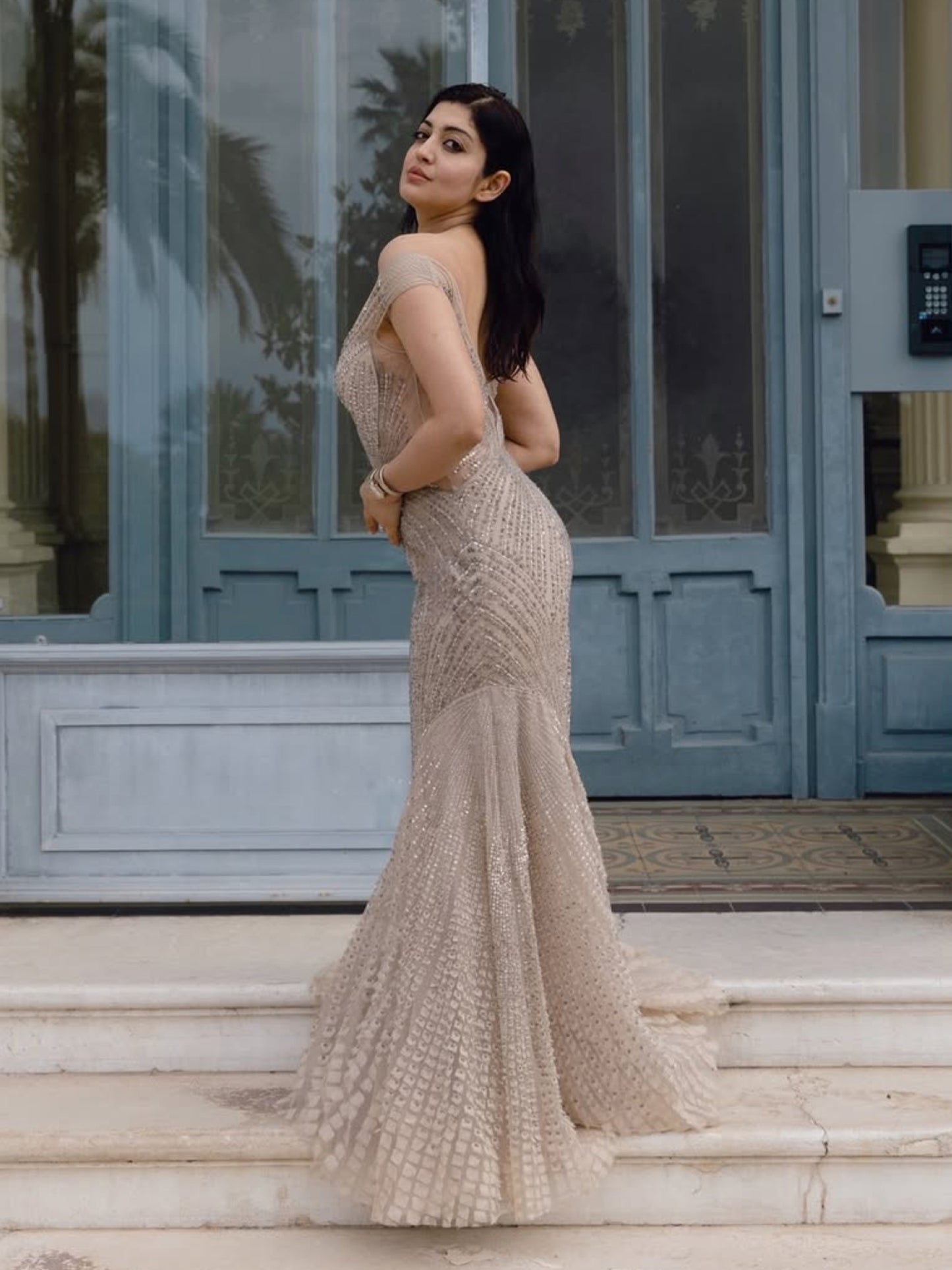 Pranitha Subhash in Starburst Off-shoulder Gown