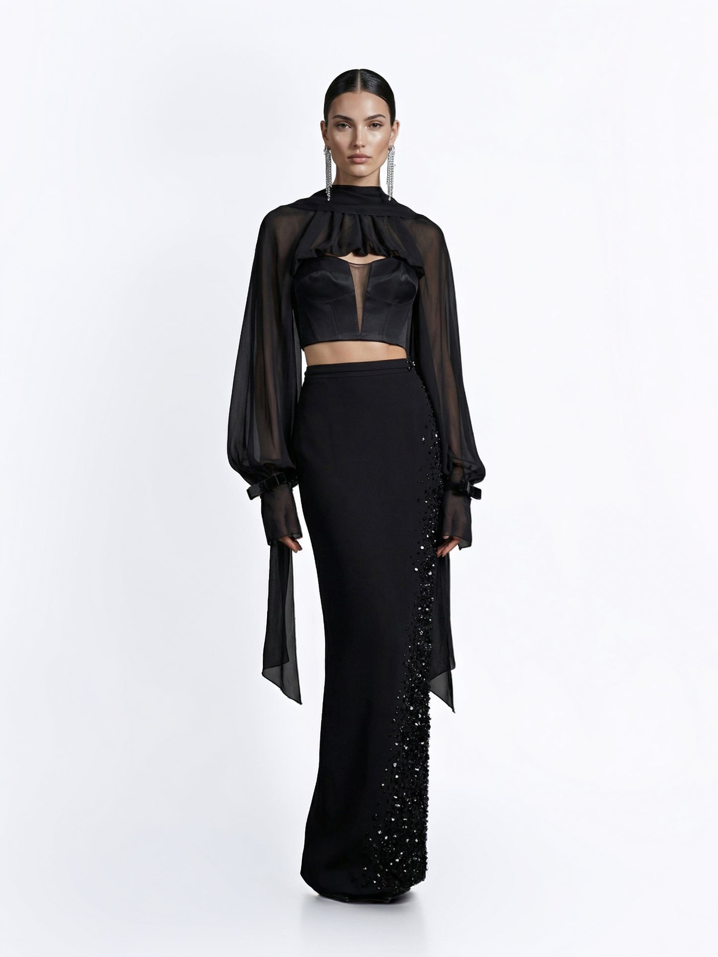 Sheer Draped Top & Embellished Skirt Set