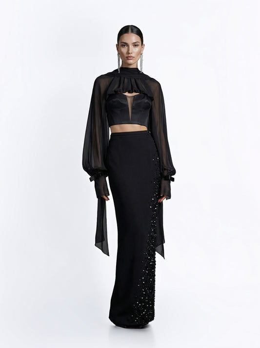 Sheer Draped Top & Embellished Skirt Set