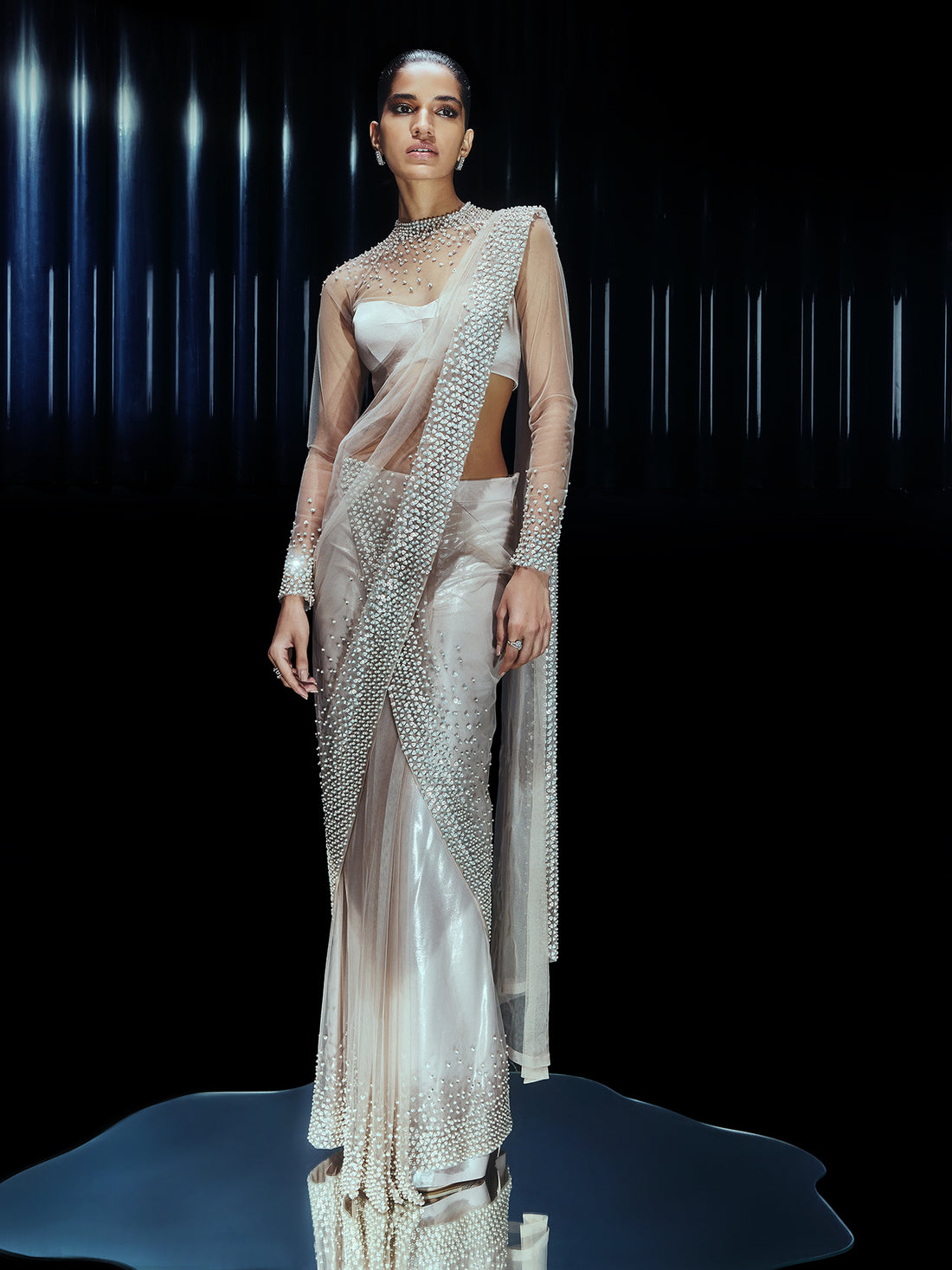 Pearl Drenched Mesh Sari Paired With Structured Blouse