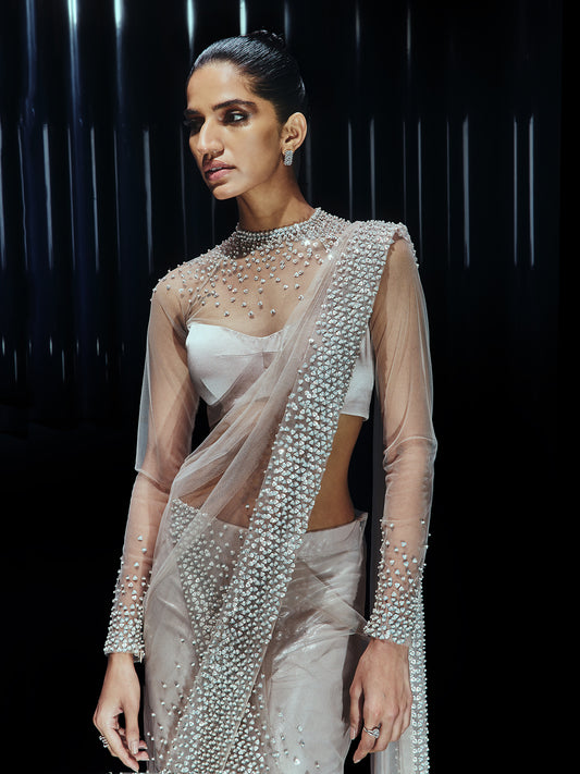 Pearl Drenched Mesh Saree Paired With Structured Blouse