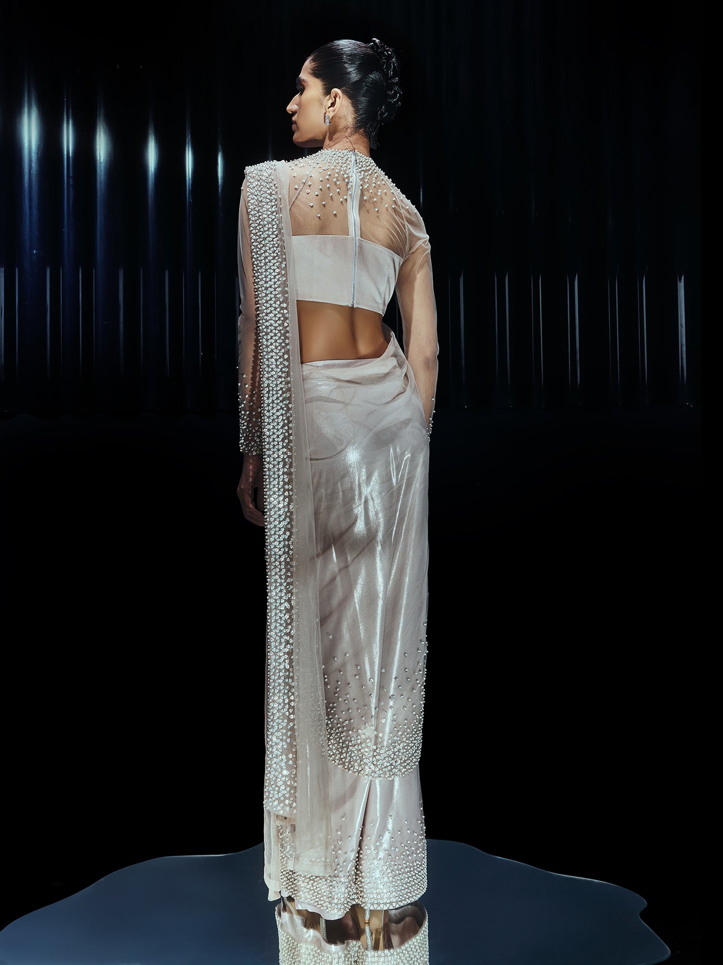 Pearl Drenched Mesh Sari Paired With Structured Blouse