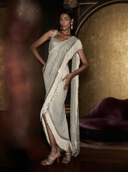 Draped Saree With Metallic Fringes