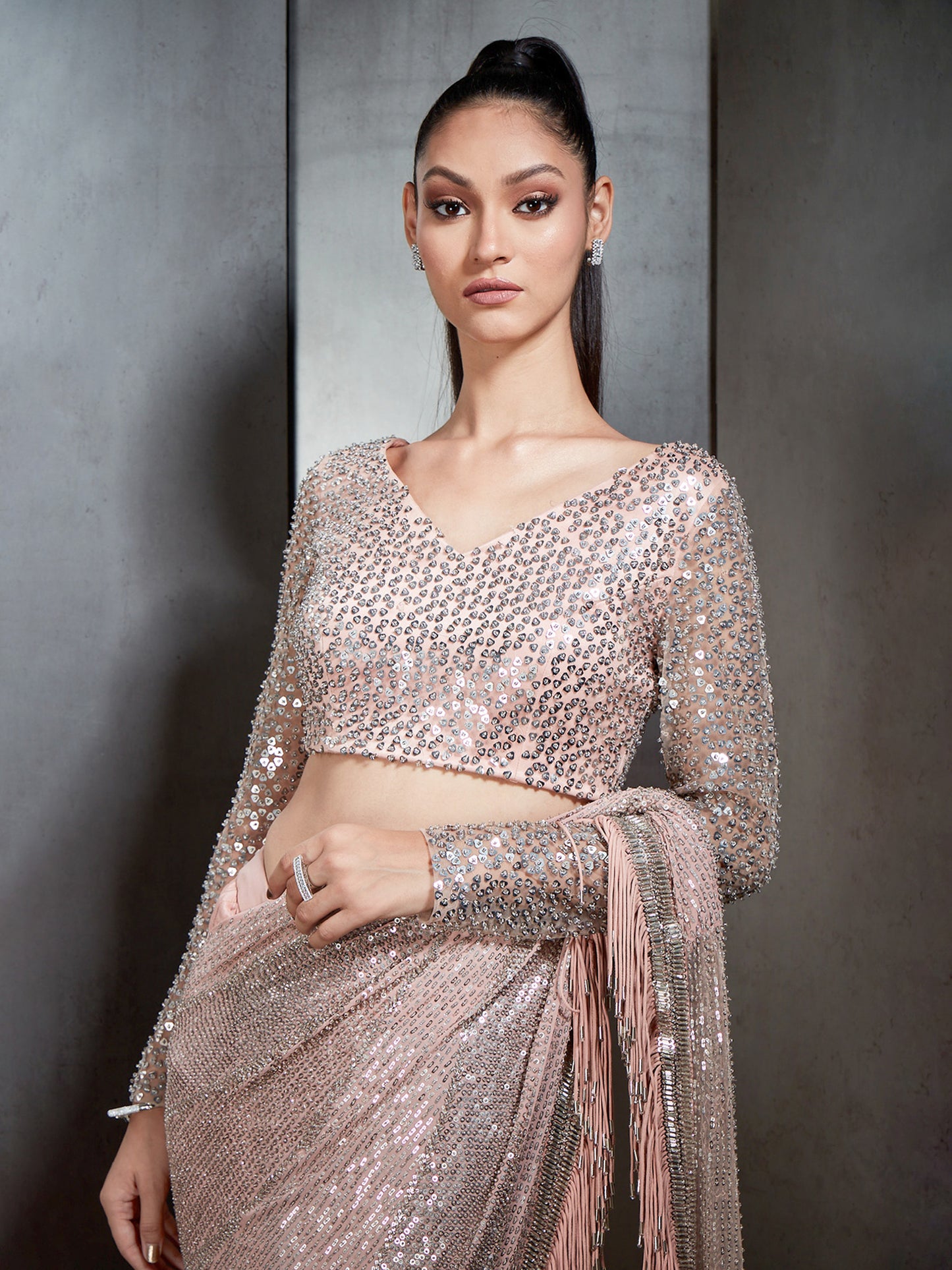 Draped Saree With Metallic Fringes