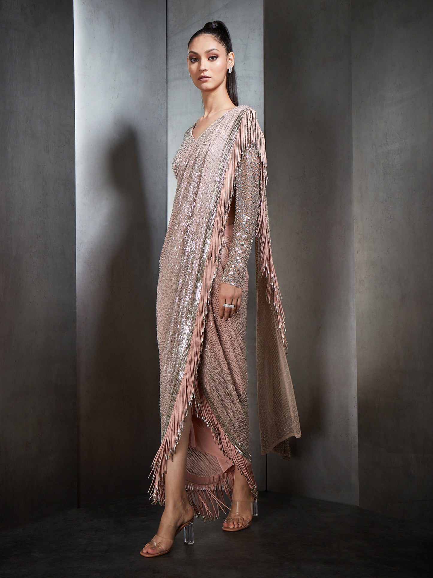 Draped Saree With Metallic Fringes